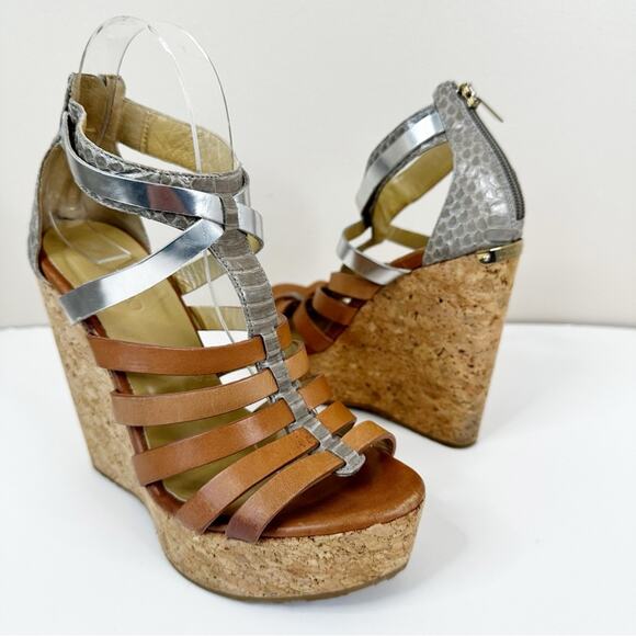 Jimmy Choo Sandals Womens 38.5/ US 8.5 Cork Wedge Leather Gladiator - Picture 2 of 12